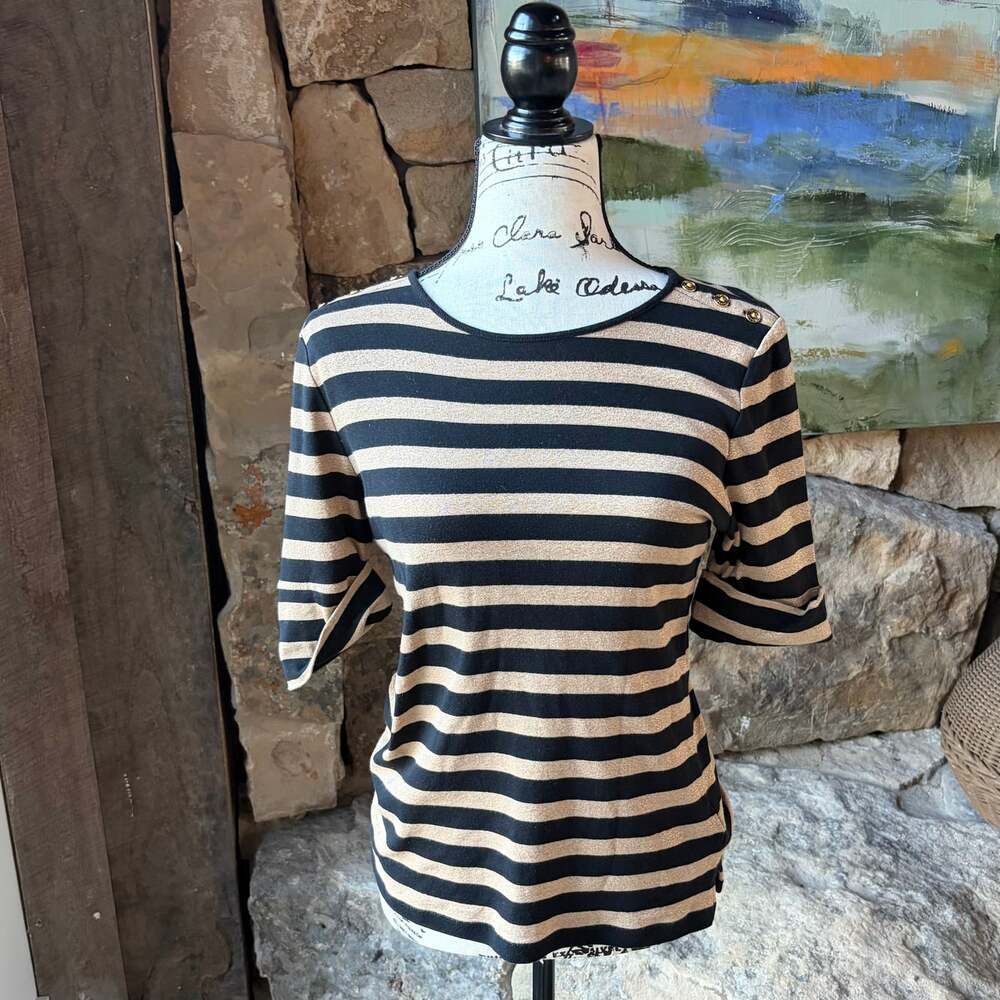 Lauren Ralph Lauren Black Gold Metallic Stripe Top Button Shoulder Size M